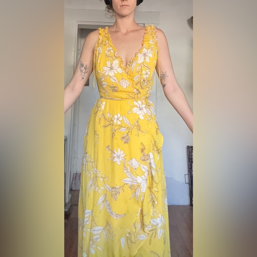 Lulus Sun Salutation Yellow Floral Wrap Maxi Dress